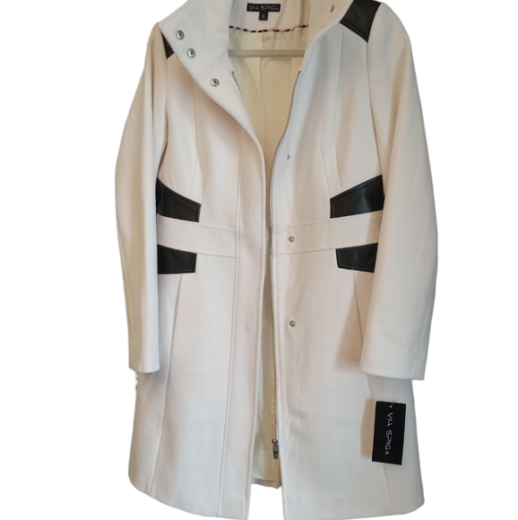 VIA SPIGA Women's White Ivory Faux Leather Stand Collar Coat Size 6 $350 - Picture 4 of 12